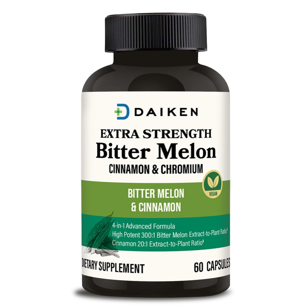 DAIKEN Bitter Melon, Cynamon i Chrom, 90 000 mg ekwiwalent na podawanie dodatkowej siły, 100% Wegetariański Bitter Melon Kapsułki z Cynamon Chrom i Cynk, 60 Kapsułki