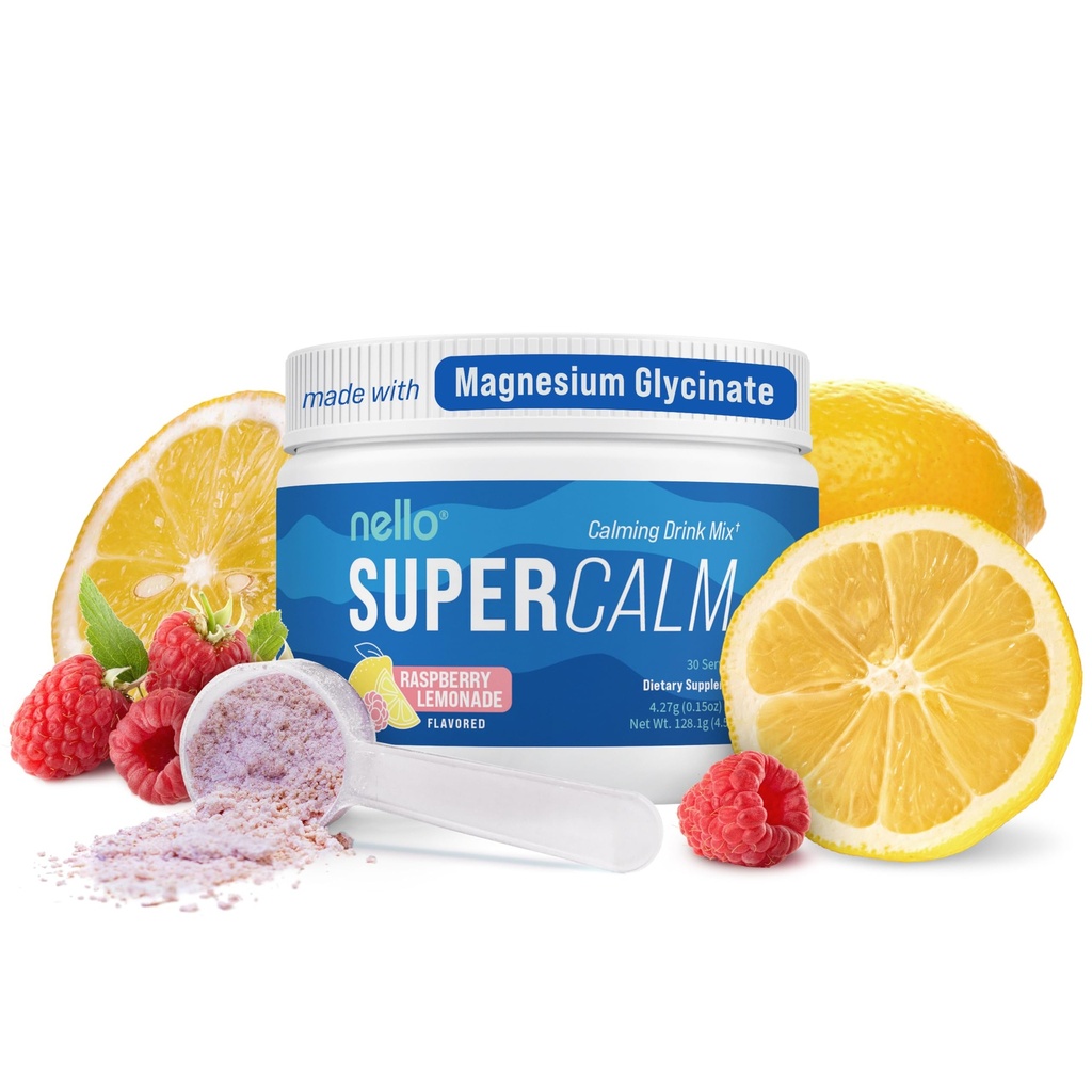 Nello Supercalm Powdered Drink Mix Tub, Cortisol Reducer*, Sleep Aid Supplement, L Theanine, Ksm-66 Ashwagandha, Magnesium Glycinate, Vitamin D 3, No Sugar, Non GMO, 30 Ct, Raspberry Lemonade