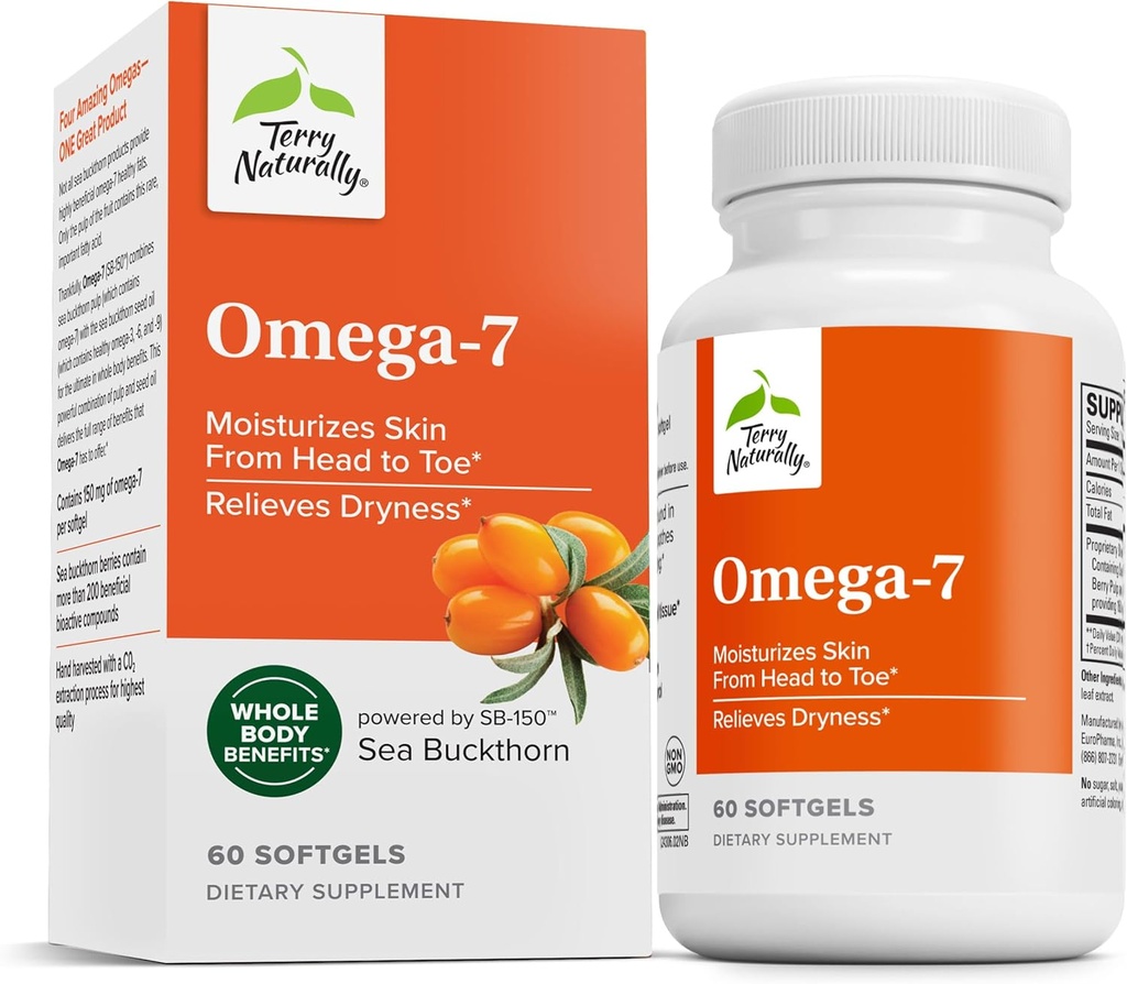 Terry Natural Omega- 7 - Suplement diety z podstawowych kwasów tłuszczowych - Suplement odżywczy do wsparcia zdrowia skóry z Buckthorn Sea, Berry Pulp & Seed Oil - 60 Softgels (Opakowanie 2)