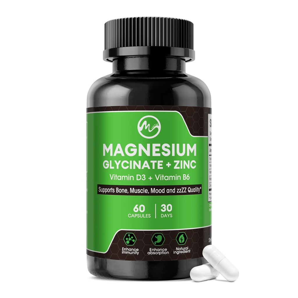 Magnezu Kapsułki Glicynian, Magnezu Suplement glicynian z cynku, Witamina D3 & B6 - Promotes Nerve, Łóżka, Funkcja relaksacyjna - 60 Kapsułki wegańskie