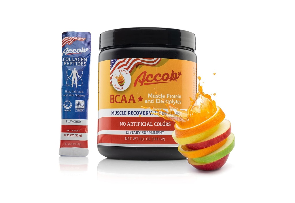 BCAA Powder Fruit Punch- Pre lub Post Warsztaty, Napoje z odzysku mięśni z aminokwasów + Elektrolity, 7,2g BCCA dla mężczyzn i kobiet 30 Służenia + 10 g Peptydów Collagen