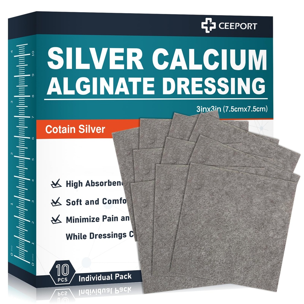 Ag Srebrny Alginat Wapnia opatrunek opatrunek 3 "x 3" (Pack of 10), Miękki Bardzo Absorbent Silver Rana opatrunek, Non- Adhesive opatrunek do pielęgnacji rany, Bezbolesny usuwania Gauze Pads dla ran