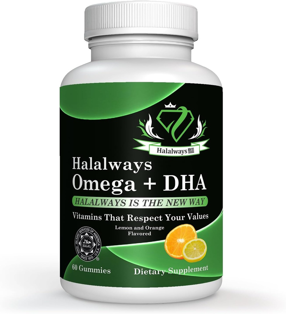 Halalways Omega + DHA Gummies - Potrójne Siła Omega 3 Olej rybny Gummy Witaminy z DHA Kwasy tłuszczowe, Nature 's Heart Health, Orange & Lemon Flavor Certyfikowany suplement Halal