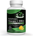 Halalways Omega + DHA Gummies - Potrójne Siła Omega 3 Olej rybny Gummy Witaminy z DHA Kwasy tłuszczowe, Nature 's Heart Health, Orange & Lemon Flavor Certyfikowany suplement Halal