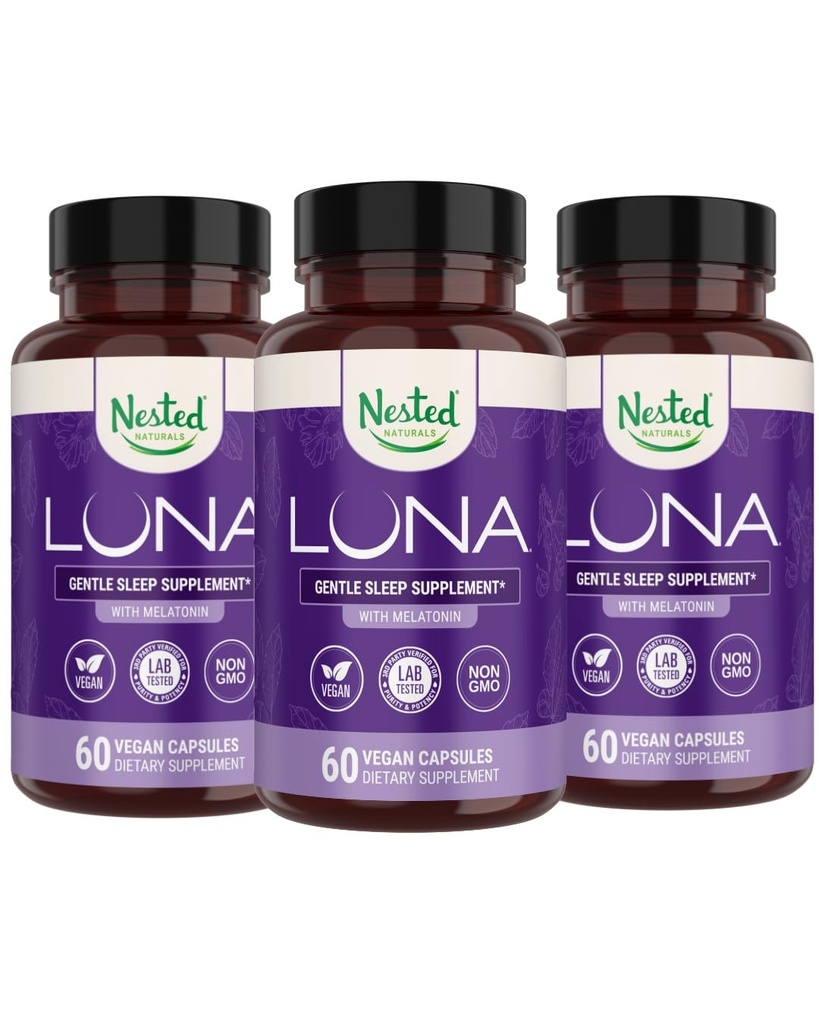 Nested Naturals Luna Herbal Sleep Supplement with Melatonin, Valerian Root, Rumianek 124; 180 Kapsułki wegańskie (3- Pack) - 60 Kapsułek na butelkę
