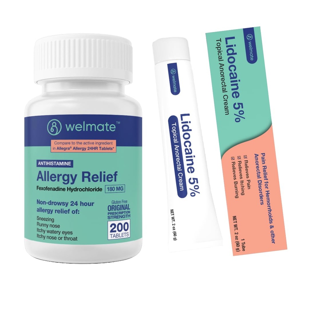 WELMATE Allergy Relief & Pain Soothing Kit: Fexofenadine HCl 180mg (200 Ct) & 5% Lidocaine Cream (2 Oz)