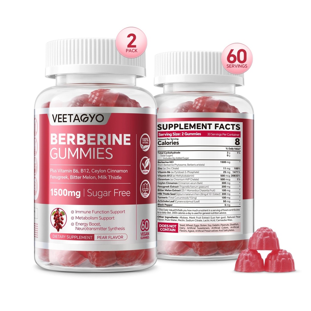 Suplement berberyjski 1500mg, Berberyna wolna od cukru z Cejlon Cynamon Gummies, Chrom, Turmeric, Kozieradka do naturalnego metabolizmu Balanced, Berberyna HCl z indyjskiego ekstraktu berberyjskiego, 120 Cts