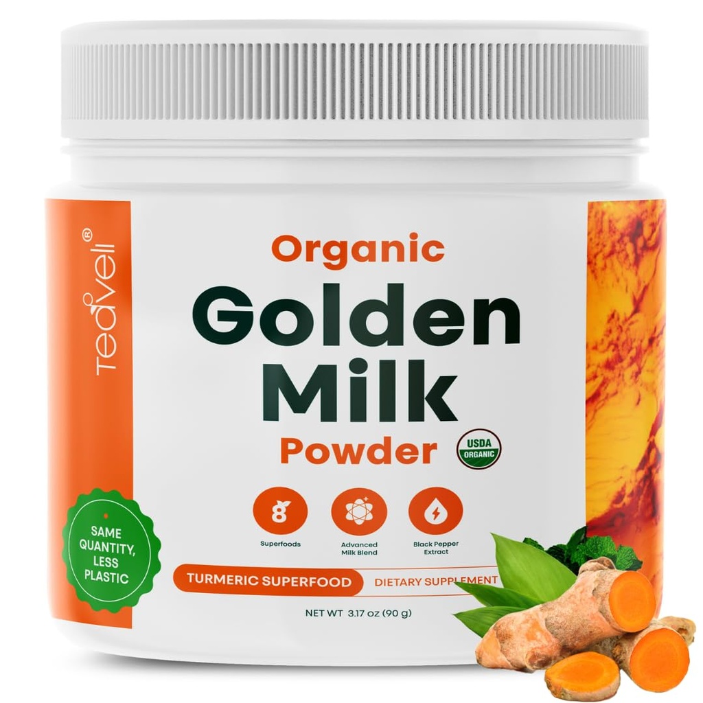Organic Golden Milk Powder (Leche Dorada organica) with Turmeric, Ginger, Curcumin, Cinnamon, KSM66 Ashwagandha, Tulsi & Natural Prebiotics– Delicious Vegan-Friendly, Unsweetened Turmeric Tea Latte