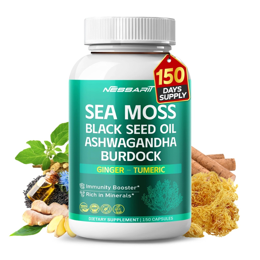 Sea Moss Supplement - 16- in-1 Natural Blend with Black Seed Oil Ashwagandha Burdock Bladderwrack Ginger Dandelion - 150 Count - Made & Tested in USA
