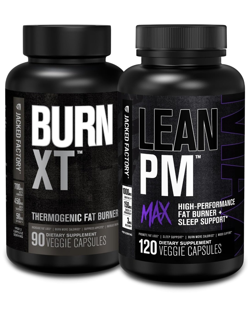 Jacked Factory Burn XT Thermogenic Fat Burner - Apetite Supressant & Nootropic Energy Booster (90 Kapsułki) & Lean PM Max Wysokosprawna utrata masy ciała, Wsparcie snu 124; (120 Kapsułki)
