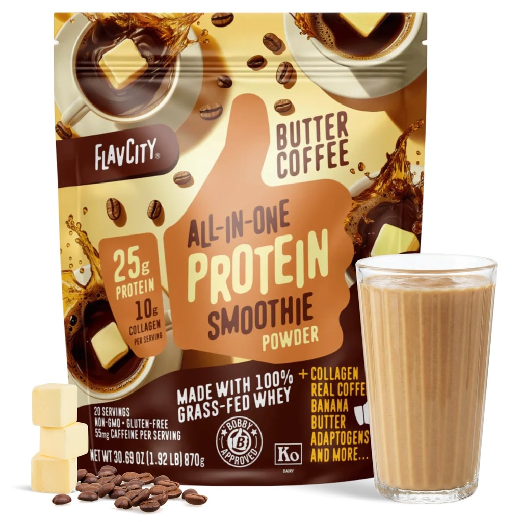 FlavCity trawa karmiona białkiem serwatki w proszku - kawa z masłem - 25 g białka, 10 g Collagen & 87mg kofeiny - Made with Organic Reishi & Cordyceps - Gluten Free & No Added Cugars (20 Servings)