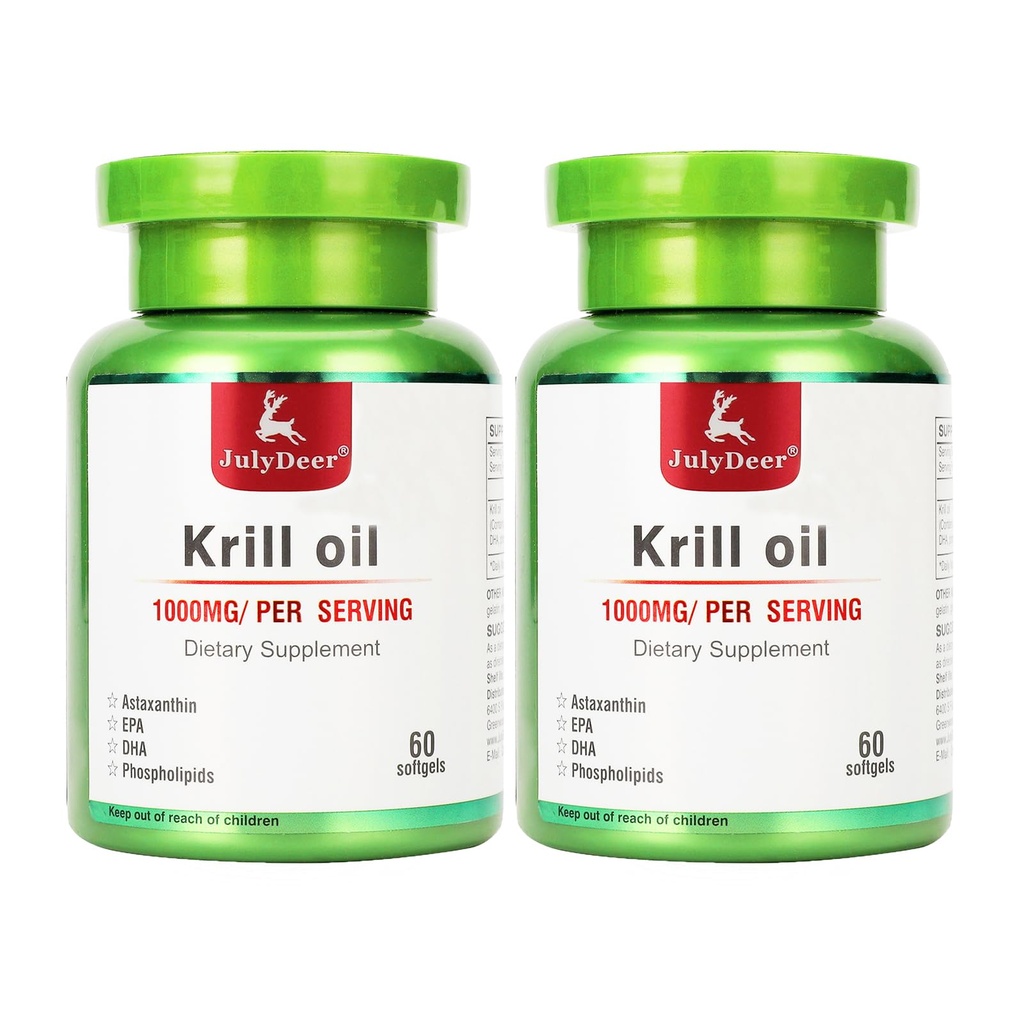 2 Butelki oleju kryla antarktycznego 1000 mg z Omega- 3 EPA, DHA, Astaksantyną i fosfolipidami 60 Softgels Supplement No Fishy Aftersmast for Joint, Heart, Brain and Immunity - 120 Softgels