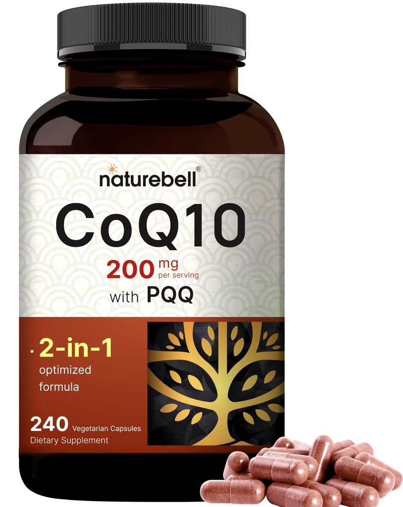 NatureBell CoQ10 200mg z PQQ, 240 Kapsułek wegetariańskich 124; Stabilny, wysoki stopień wchłaniania Forma - Przeciwutleniacz Wsparcie dla Serca, & Energia Zdrowie - Dodatkowa siła Koenzym Q10 Suplement
