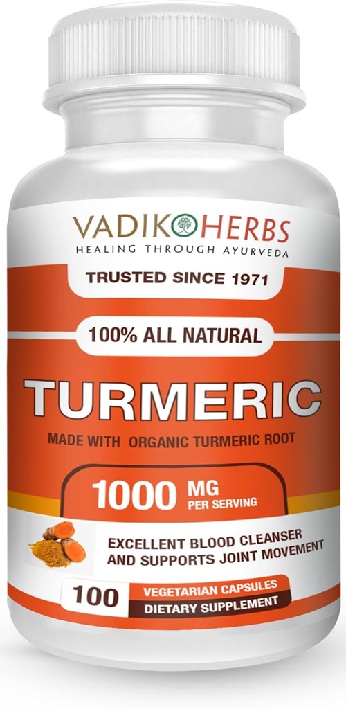 Vadik Herbs Organic Turmeric Curcumin 1000 mg | (100 vegicaps) | Made in USA | Trusted Since 1971