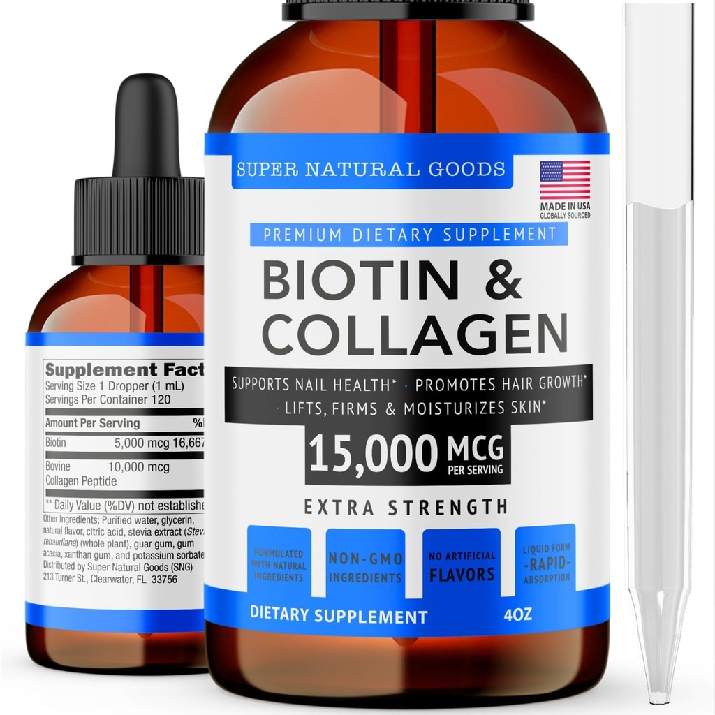 Super Natural Goods Biotin & Collagen Witaminy - Utrata włosów, Gut Health, Anti-Aging, Pielęgnacja skóry i paznokci - Made in USA, Non-GMO & Cruity Free (4 Ounce- 15,000mcg)