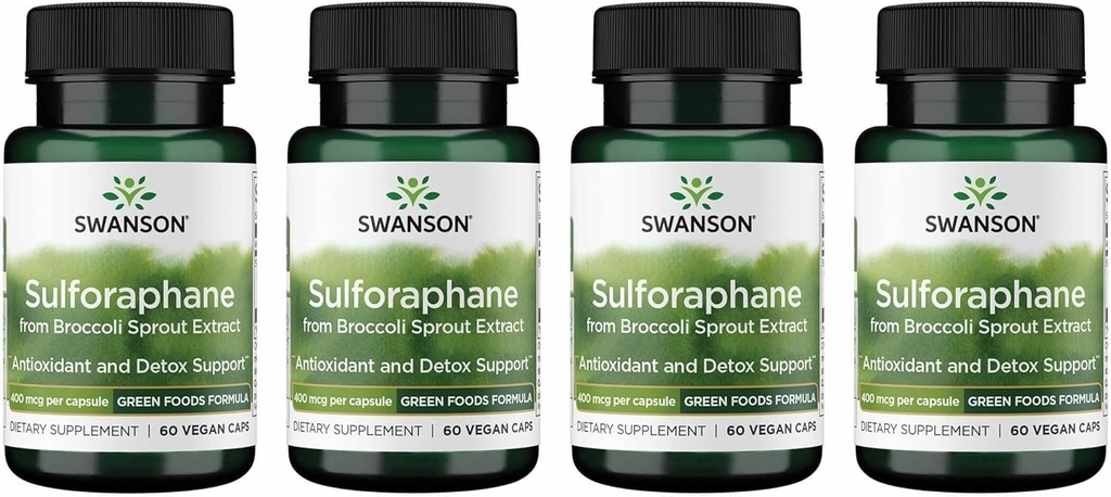 Swanson Sulforaphane - Broccoli Sprout Extract Supporting Cellular, GI Tract, and Liver Health - Natural Supplement Standarysed to 0,4% Sulforaphane - (60 Kapsułek Veggie, 400mcg Each) (4 opakowania)