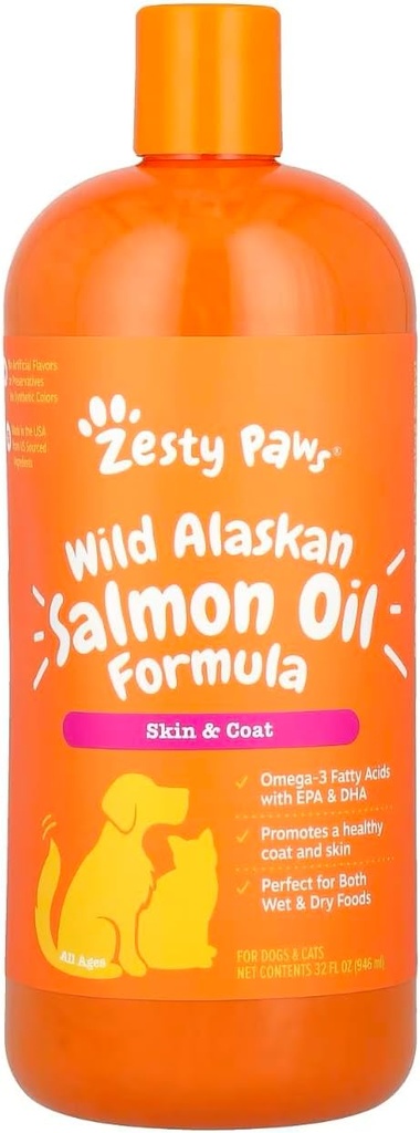 Zesty Paws Wild Alaskan Salmon Oil for Dogs & Cats - Omega 3 Skin & Coat Support - Natural EPA & DHA, Kwasy tłuszczowe dla wspólnej funkcji, Immune & Heart Health Liquid Supplement Food, 32 oz