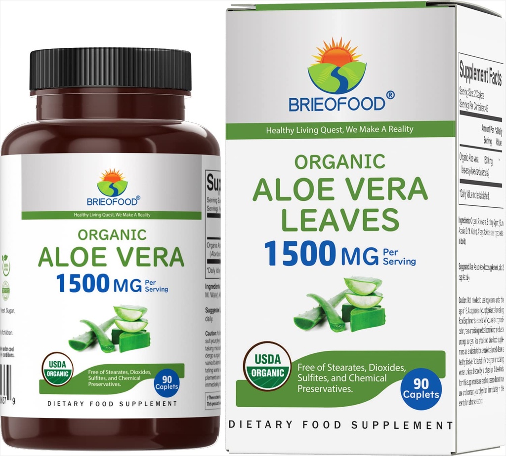 Brieofood Organic Aloe Vera 1500mg, 45 Służenia, Wegetarianin, Gluten Free, 90 Tabletki wegetariańskie