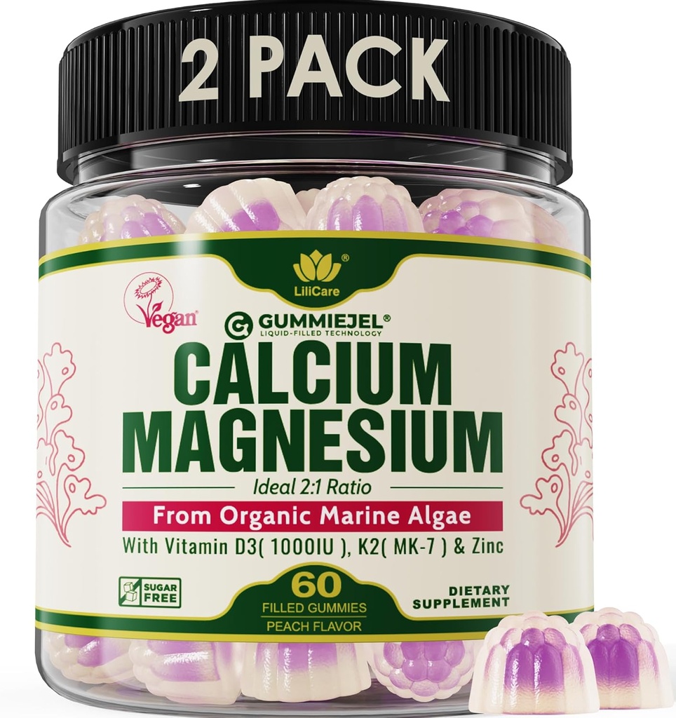 2 Pack - Gummie wapniowe oparte na roślinach 600mg z witaminą D3 K2, Magnez, Cynk do kości, Bezcukrowe suplementy wapnia dla kobiet i mężczyzn (Certified Vegan) z zrównoważonego organicznego Red Algae