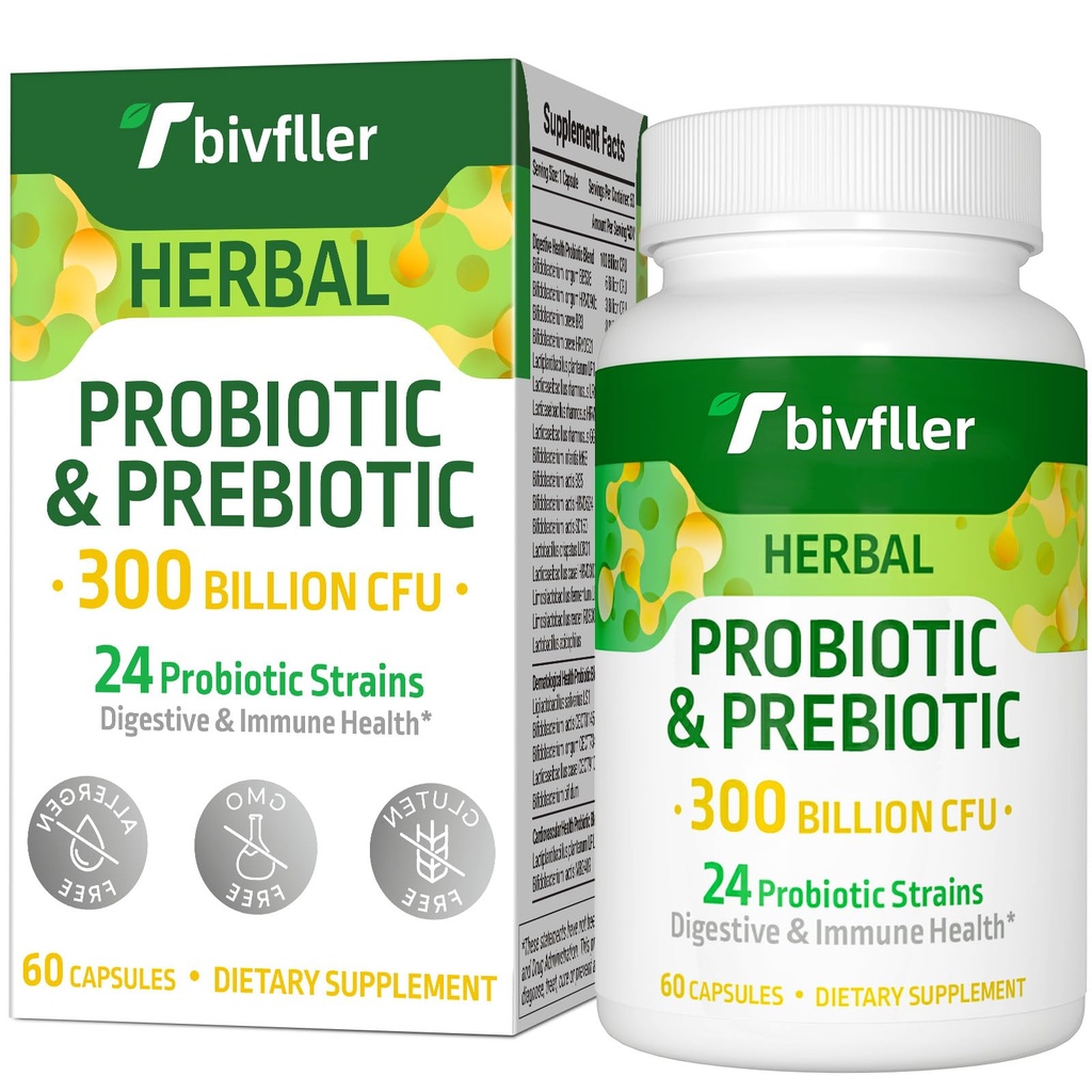 Probiotyki dla kobiet Men- 300 Miliard CFU, 24 Szczepy Probiotyczne + 15 Zioła Organiczne Prebiotyki Mieszanka, Pre i Probiotyki, dla zdrowia trawiennego, Immune & Gut, Biegunka, Bloating, Wegan, 2 Dostawa Miesiąc