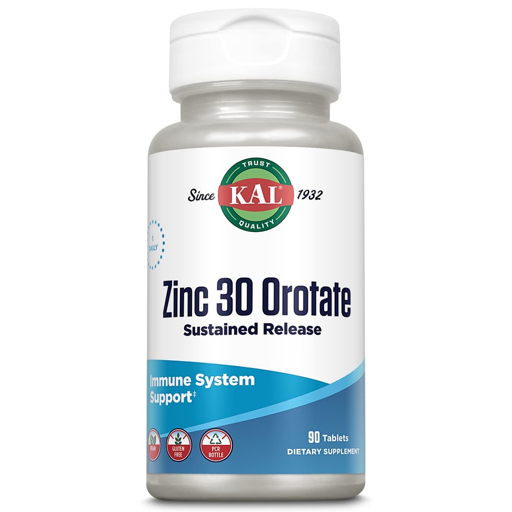 KAL Cynk Orot 30mg, Trwałe zwolnienie, Chelated Cynk Tablets, Suplement wsparcia immunologicznego, Synteza protein, Metabolizm, Wsparcie energetyczne, Wegan, Gluten Free, 60- Day Guarantee, 90 Słupki, 90 Tabletki