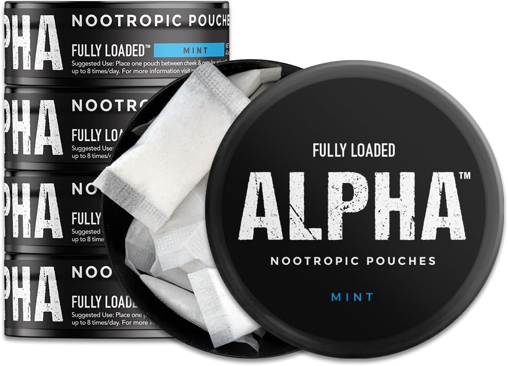 W pełni załadowane Pouches Alpha Nootropic (Mint) - 5 Puszek - 15 Pouches per can - Skuteczna Dostawa Nootropiczna, Wymiana Pouch Nic - Szybsza absorpcja, Alpha GPC, L- Tyrosine, GABA