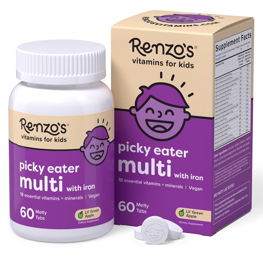 Renzo Picky Eater Kids Multivitamin z żelazem - Rozpuszczalne dzieci Witaminy z żelaza, Cynk, Witamina C, Witamina D, E & K, Tab bez cukru, Zielone jabłko Flavor, 60- Hrabia (1-2 Miesiąc dostaw)