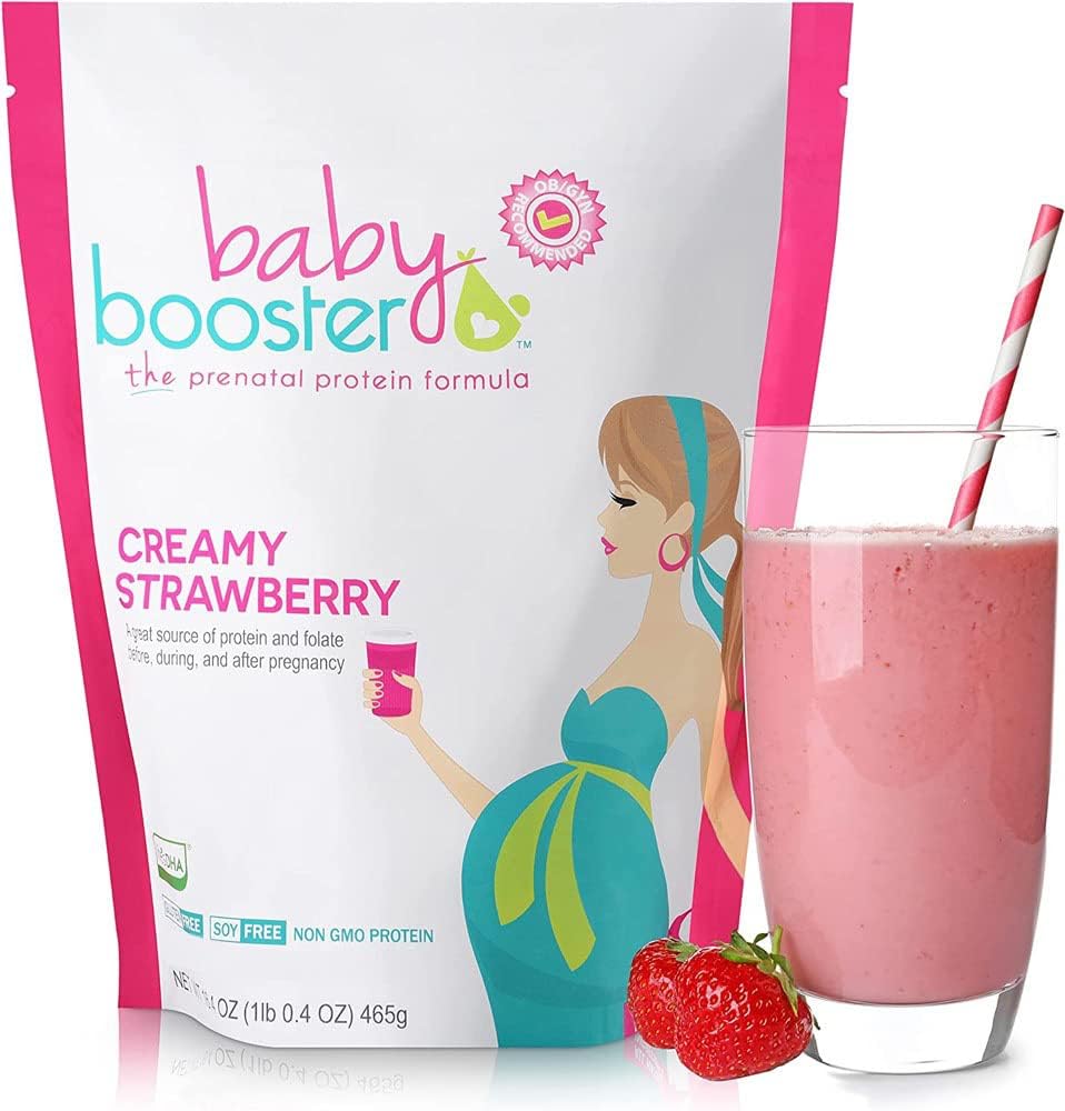 Baby Booster Ciąża Białko Proszek Suplement witaminy Wstrząs - OB / GYN Zatwierdzone prenatalne i poporodowe Laktacja Zastosowanie - Poranna choroba Relief z Vegan DHA i Mexical Folate - Kremowy truskawka, 1 lb