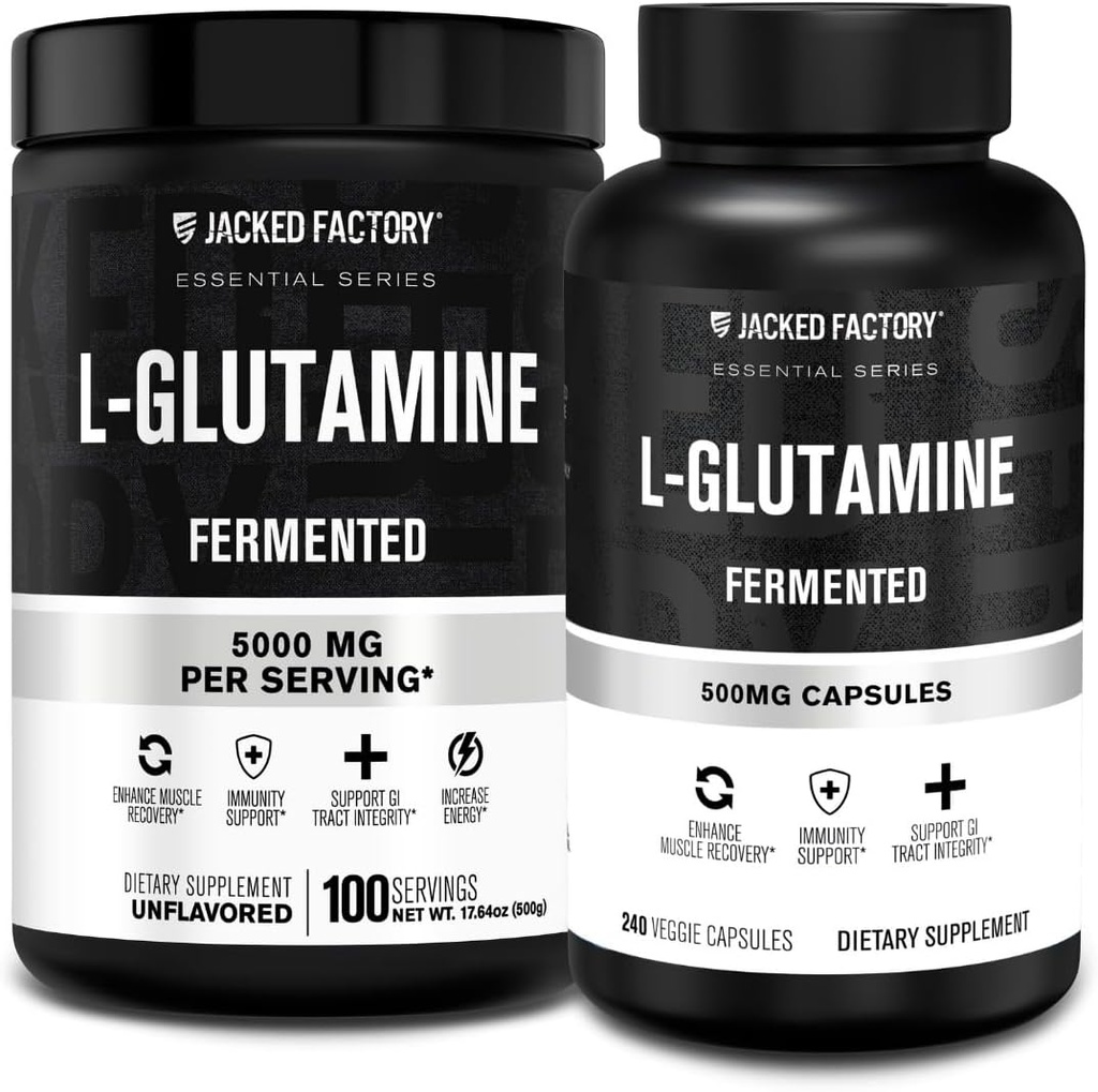 Jacked Factory L- glutamine Proszek 100 Służenia i L- glutaminy Kapsułki 500mg (240 Kapsułki) do post treningu Odzyskiwanie mięśni, Odporność, Zdrowie pokarmowe