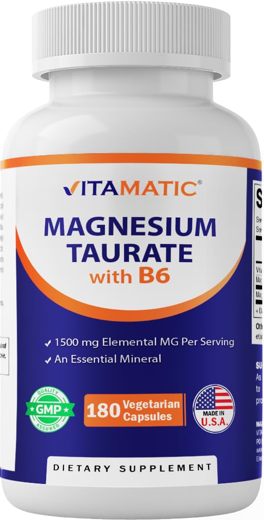 Vitamatic Magnezu Taurate 1500mg per Serving - 180 Kapsułki wegetariańskie (Zapewnia 300 mg Magnezu Elementalnego) - Dodano B6 dla maksymalnej absorpcji - Wspiera mięśnie, Joint i Heart Health *