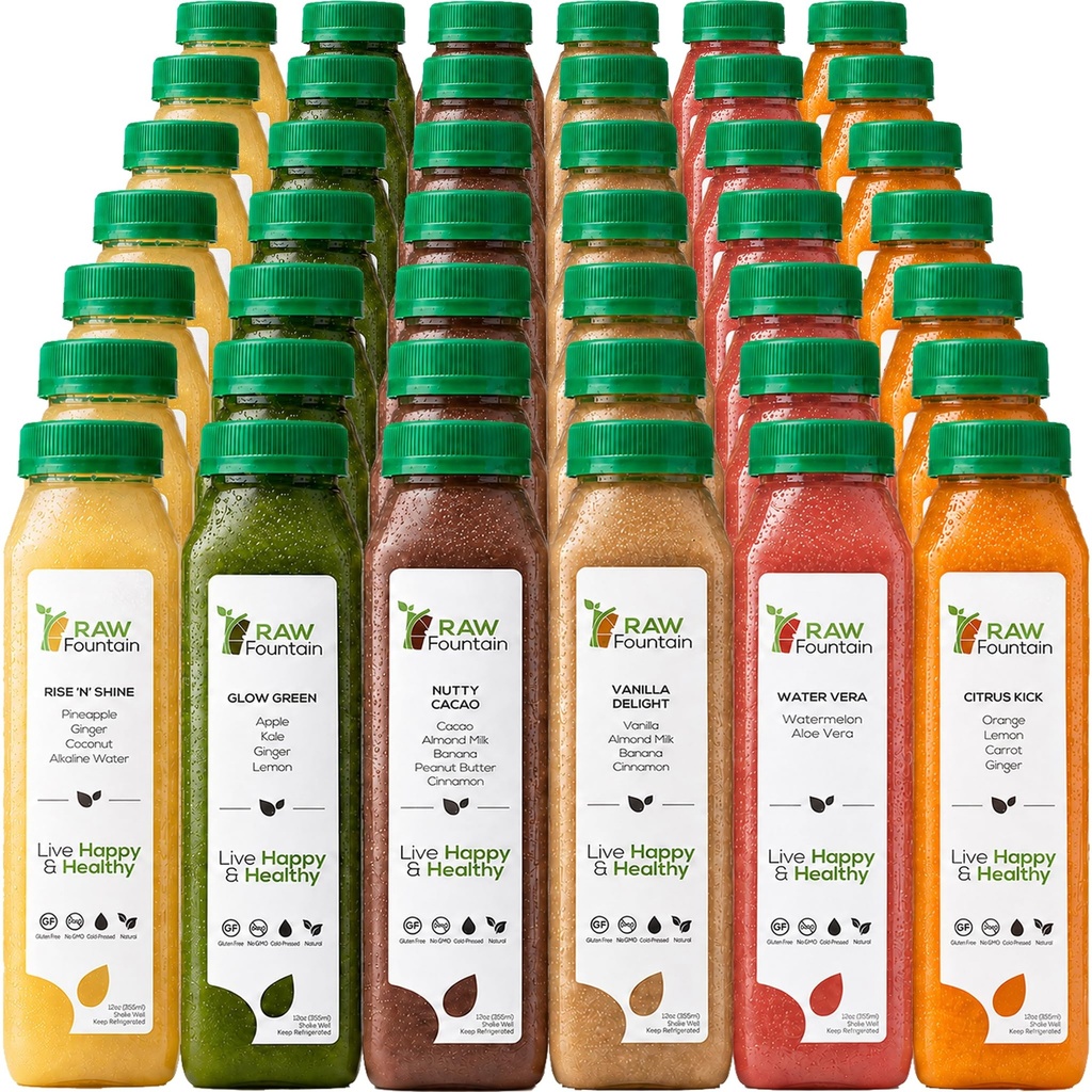 7 dni Sok proteinowy Czyszczenie przez surowe fontanny, Wszystkie naturalne surowe Detox Cleanse, zimne pieczone owoce, warzywa, wanilia i czekoladowy aromat, smaczne i energetyzujące, 42 butelek 12oz, 3 Ginger Shots