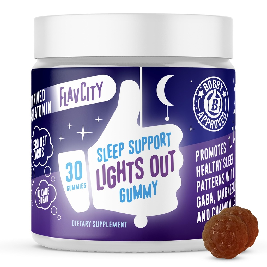 FlavCity Melatonina Gummies dla dorosłych, Lights Out Gummy - Supplement wsparcia snu do żucia z GABA bazującego na plantach, Magnezu i Rumianku do głębokiego i niespokojnego snu, 30- Day Supply