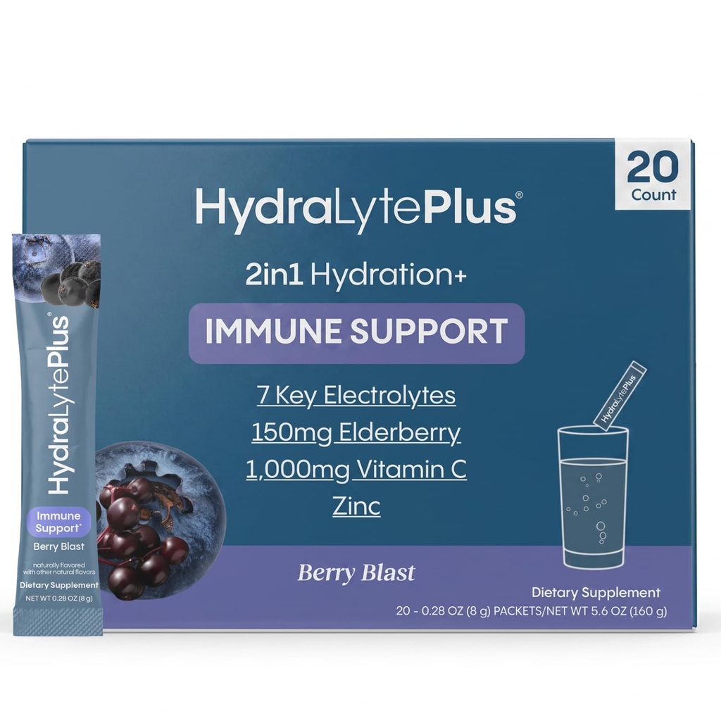 Hydralyte Electrolytes Plus Immunitet, Elderberry - Proszek do szybkiego nawadniania o niskiej zawartości cukru - Lekkie paczki proszku elektrolitów z 1000 mg witaminy C i 300 mg Elderberry (8oz Serve, 20 Count)