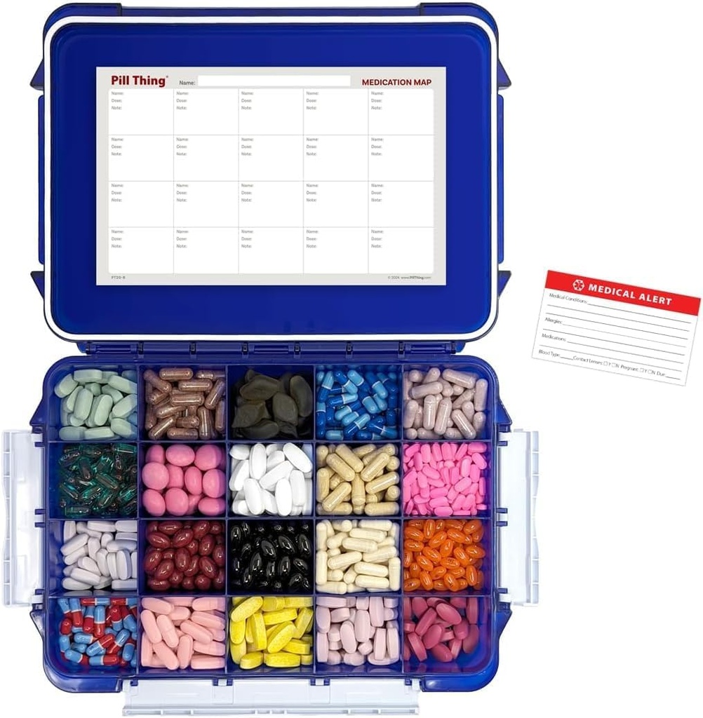 20 Etui UV Chroniona duża kobalt niebieski pil z szczelną uszczelnieniem, Spill Proof, Silikonowy uszczelka wodoodporny Med Box z Med Mapa medykacji (Kobalt Blue, 20 Commune - 1 Pack)