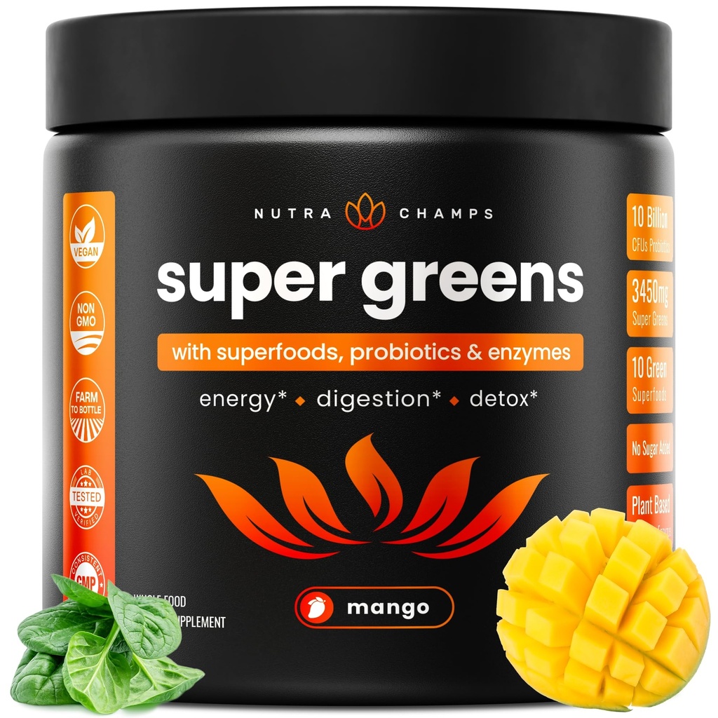 NutraChamps Super Zielonych Proszek Premium Superfood 124; 20 + Organic Green Veggie Whole Foods 124; Trawa pszenna, Spirulina, Chlorella Agregat 124; Przeciwutleniacz, Enzym spożywczy i mieszanki probiotyczne (9.0 OZ, Mango)