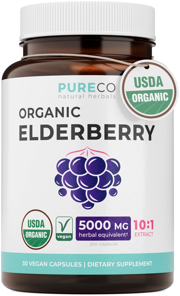 Organic Elderberry Kapsułki - 10: 1 Ekstrakt Równy 5,000 mg Świeże Elderberry (Wegan) dla immunologicznego wsparcia, Alergia, Sinus Relief - Sambucus Nigra - Czarny Elderberry - 30 Czapki (No Pills lub Gummies)