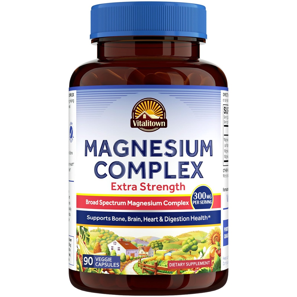 Vitalitown Magnezu Complex Supplement ASTM 124; 300 mg Mag Elemental 124; Magnezu Cytrate Glycinate Taurate AIATE 124; Non- GMO, No gluten, 90 Vegan Magnesio Kapsułki dla Bone Brain Heart