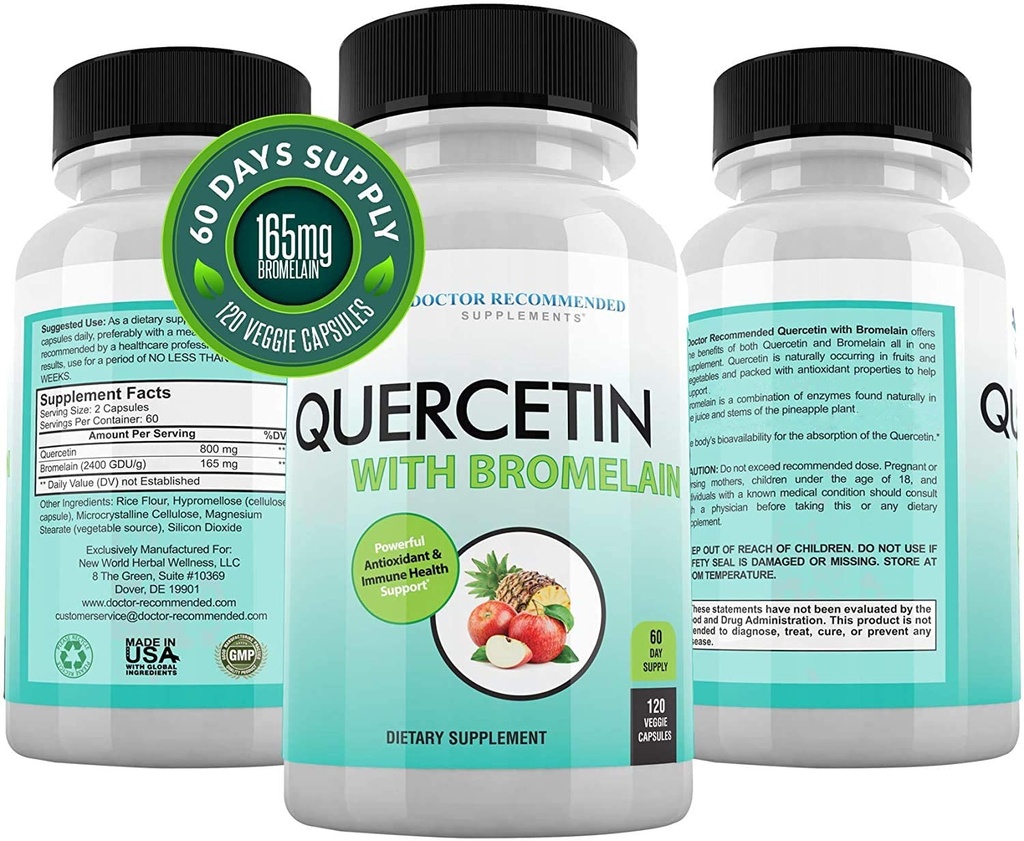 DOKTOR ZALECONY DOKUMENTY Quercetin 800mg w / bromelain 165mg na służby- 120 Veggie Capsules- Full 60 Day Supply, suplement witaminy do wsparcia i bioflawonoidy, Gluten Free, Non-GMO