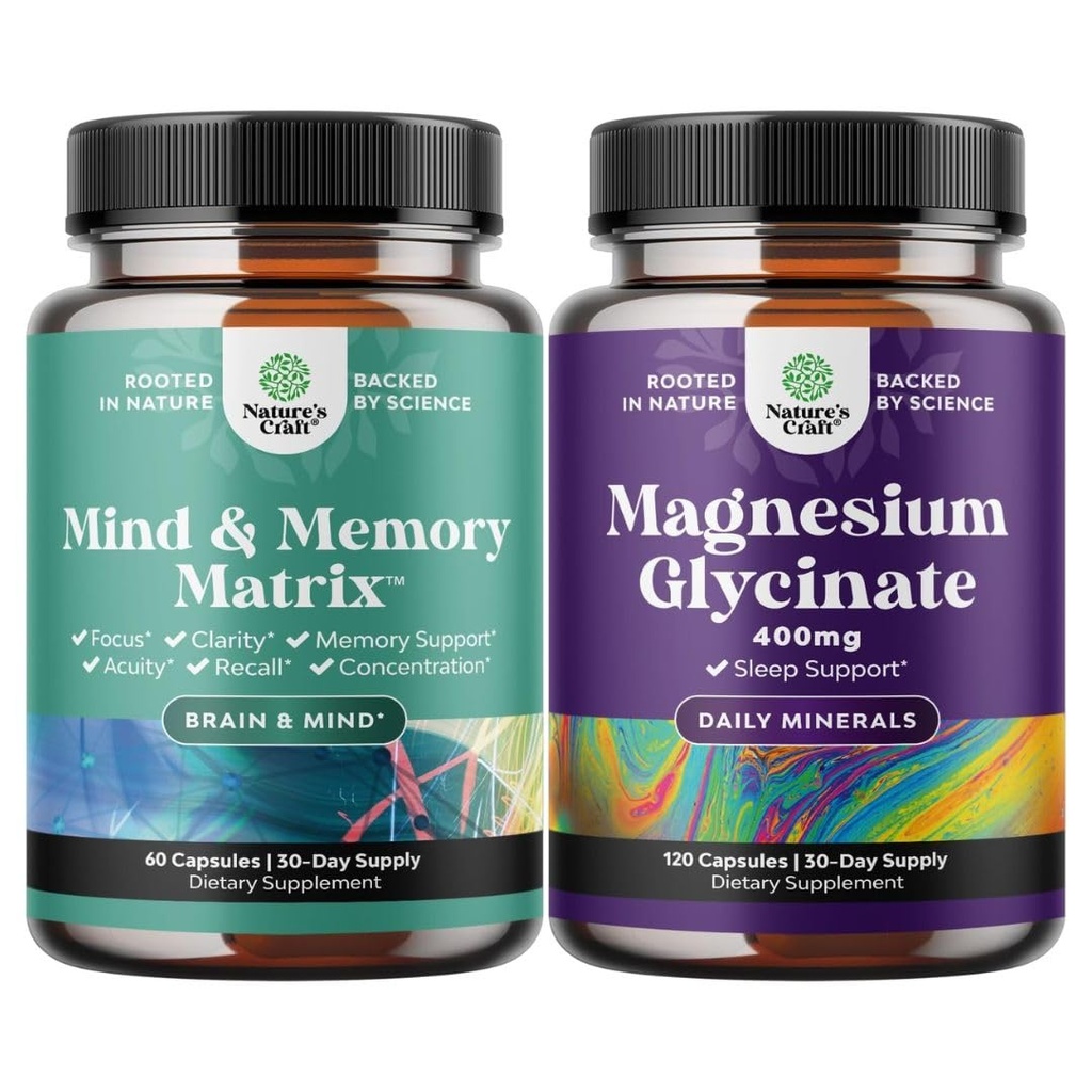 Paleta zaawansowanych suplementów mózgu dla pamięci i ostrości i kapsułki glicynianu magnezu dla dorosłych - Suplement pamięci dla mózgu Fog Clarity Energy and Recall - Sleep Support Immunity & Bone Health