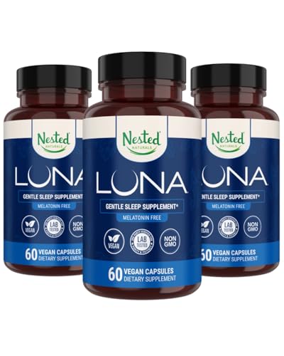 Nested Naturals Luna Melatonin Free, Non- Habit Forming Herbal Sleep Supplement w / rumianek, Valerian, L- Theanine, 180 Kapsułki wegańskie (60 kapsułek na butelkę)
