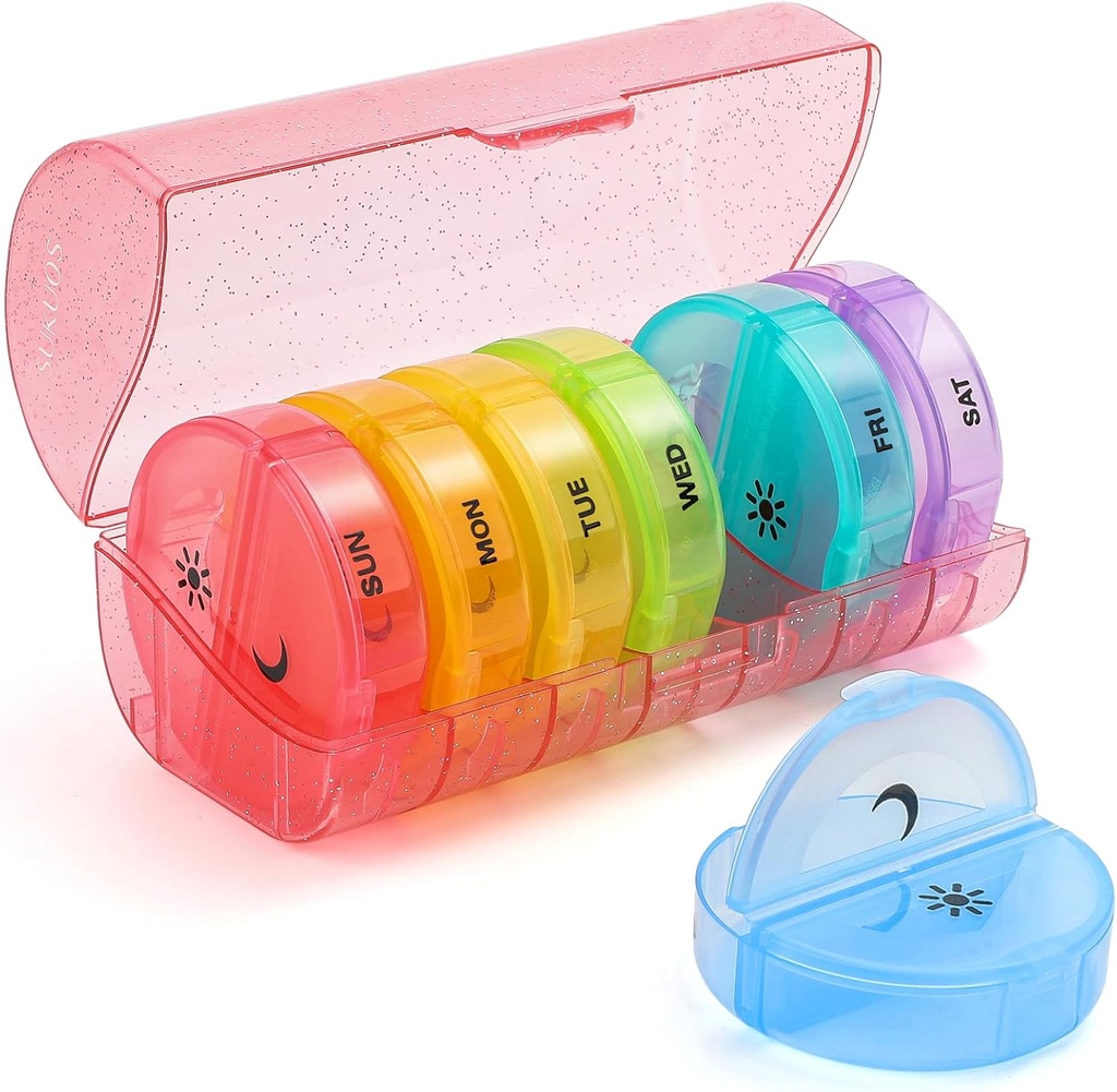Sukuos Big Weekly Pill Organizator 2 razy dziennie, Daily Pill Box 7 Dzień Łatwy do otwarcia z podwójną ochroną, AM PM pill Case for Medicine / Witamina / Olej rybny / Suplementy (brokat różowy)