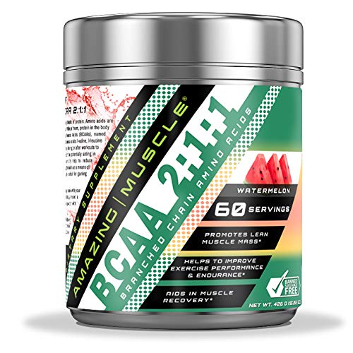 Amazing Muscle BCAA 2:1:1 Branched Chain Amino Acids Supplement | 6000 Mg Per Serving | 60 Servings | Watermelon Flavor