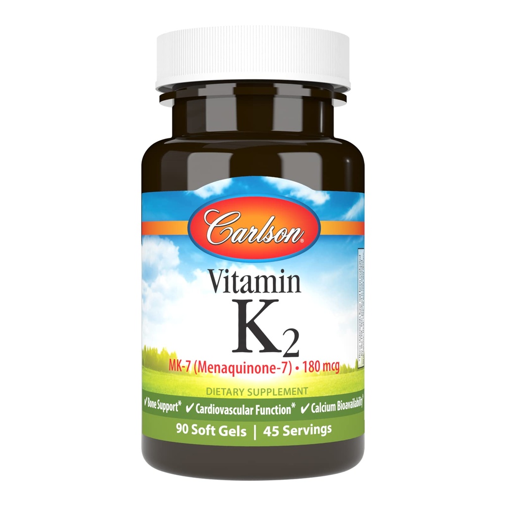 Carlson - Witamina K2 MK- 7 (Menaquinone), 180 µg, Podtrzymanie kości, Biodostępność wapnia, Witamina K2, Witamina K-2, 90 Softgels
