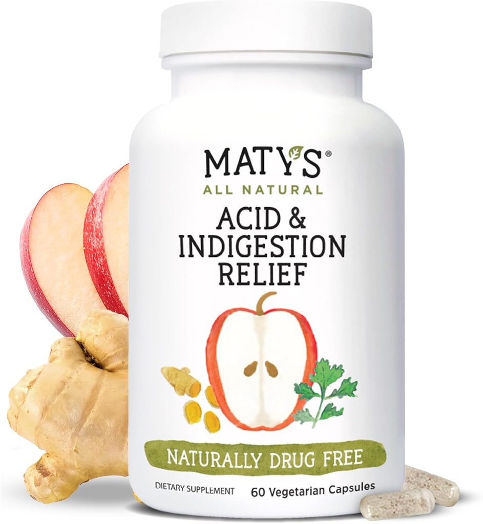 Matys Acid & Infersition Relief Kapsułki, Safe Antacid Alternatywa dla Sporadycznego Refluks Kwasu & Heartburn, Made with Apple Cider Ocet, Soy & Gluten Wolne kapsułki wegetariańskie, 60 Hrabia, 30 Servings