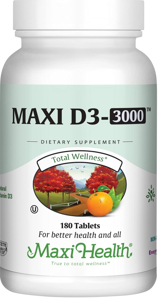 Maxi Health Witamina D3 3000 j.m. 75 µg Witamina D Suplement do Zdrowych Kości, Zęby, Wsparcie immunologiczne - VIT D3 Suplement Łatwy do Połknięcia Non-GMO, Suplement dla Mężczyzn i Kobiet - Kosher (180 tabletek)