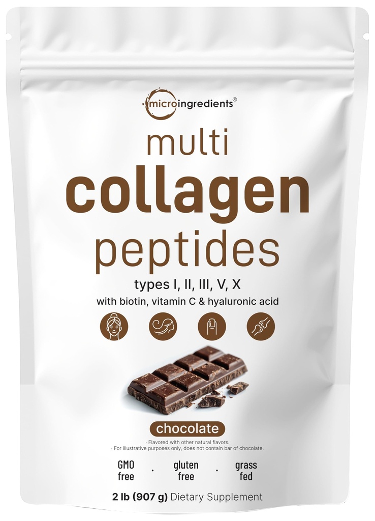 Micro Ingredients Multi Collagen Peptides Powder, 2lb | Type I, II, III, V, X + Biotin, Vitamin C & Hyaluronic Acid | Chocolate Flavor | Supports Hair, Skin & Joint Health | Keto, Non-GMO