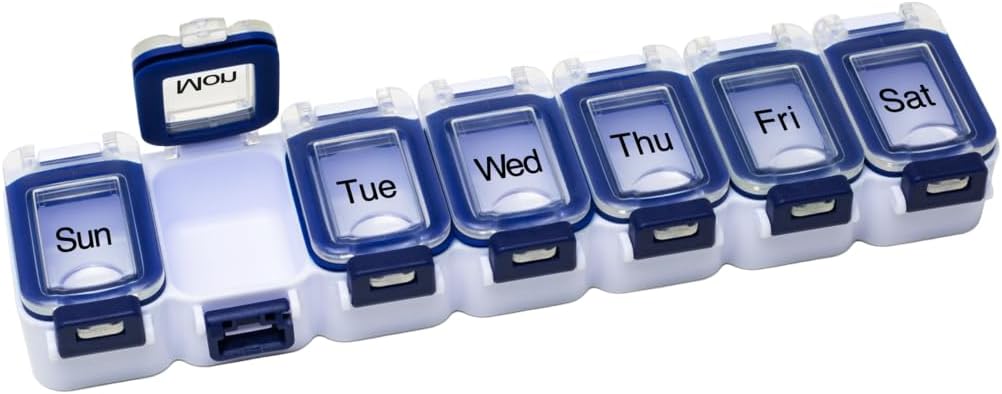 EZY DASE Tygodniowy (7- Day) Pill Planner, Medicine Case, Witamina Organizer Box, Wodoodporny Blokowanie Komory do bezpiecznego leków na receptę i zapobiegania przypadkowe rozlewanie, Niebieski
