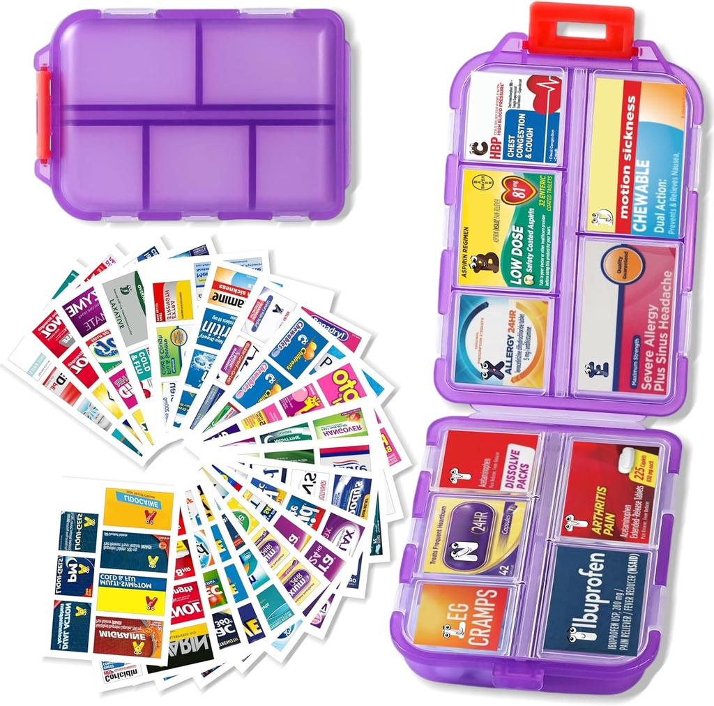 Pigułka Organizator z etykiet medycznych Travel Daily Pill Container Mini Medication Organizer Storage Pill Organizer Travel Essentials przypadku 7 dzień (Purpurowy & 161 Lables)