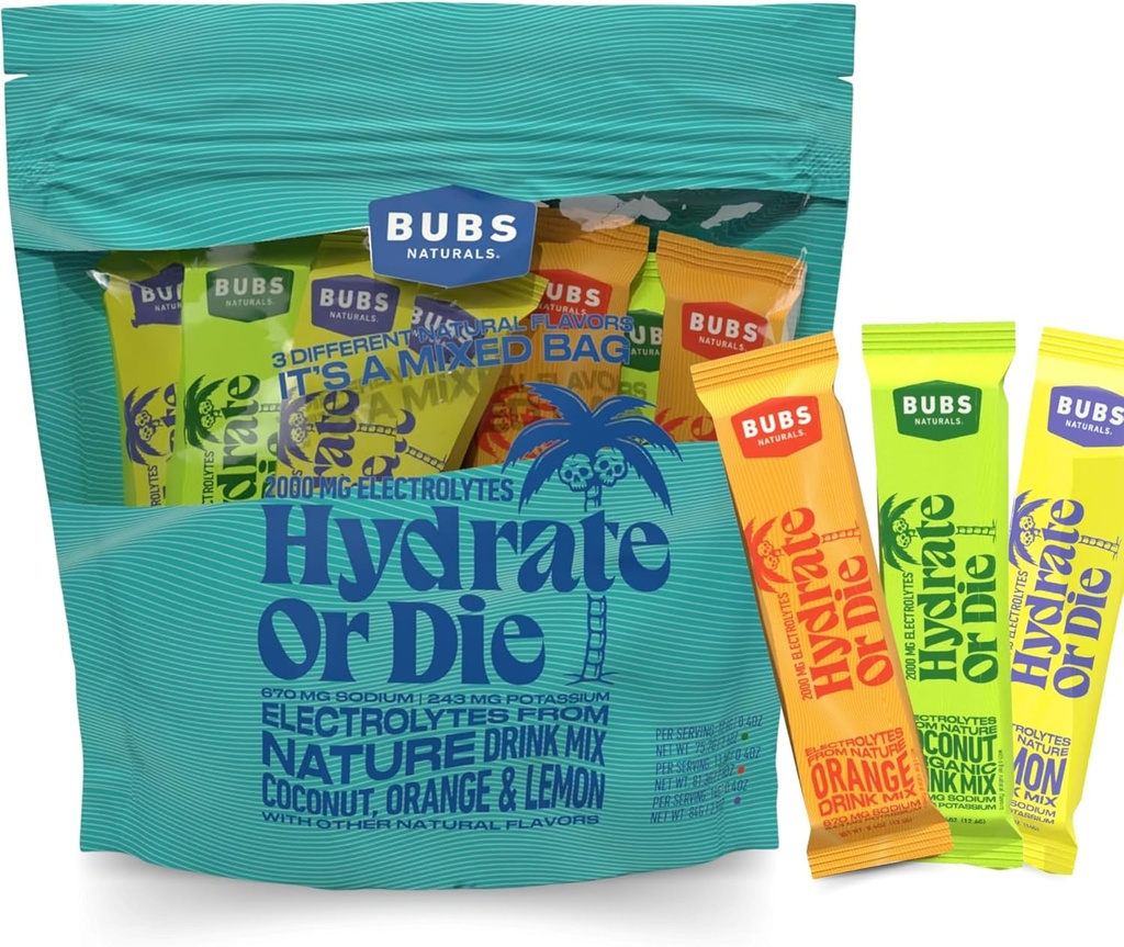 BUBS Naturals Hydration Powder Variety Pack Hydrate lub Die Electrolyte Powder, All- Natural, Keto- Friendly, Gluten- Free, & Nie dodano cukru, Wzmacnia energię & Stamina Wzmacnia Odzyskiwanie, 18 Służenie