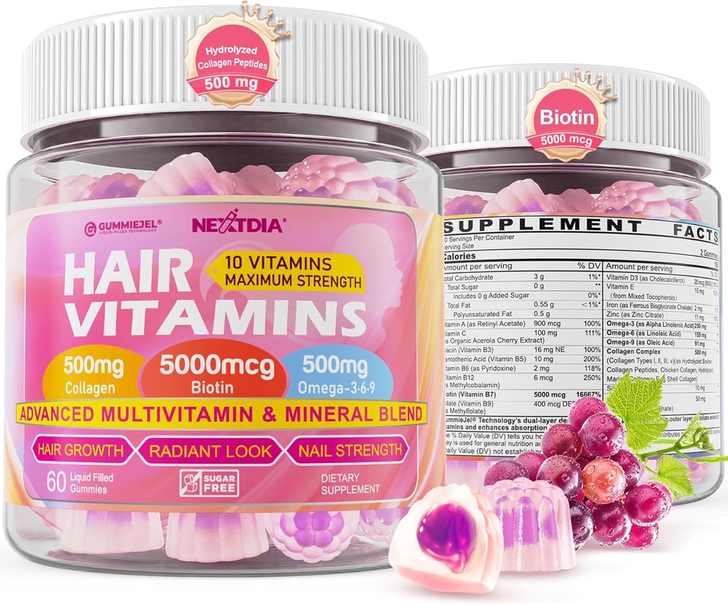 Włosy Wzrost Witaminy Liquid-Filed Gummies - Biotin 5000mcg, Zhydrolizowane Kolagen Peptydy, Omega 3- 6- 9, Kwas hialuronowy, Metylfolan, Metylokobalamina - Zdrowe włosy, skóry i paznokci Suplement dla kobiet